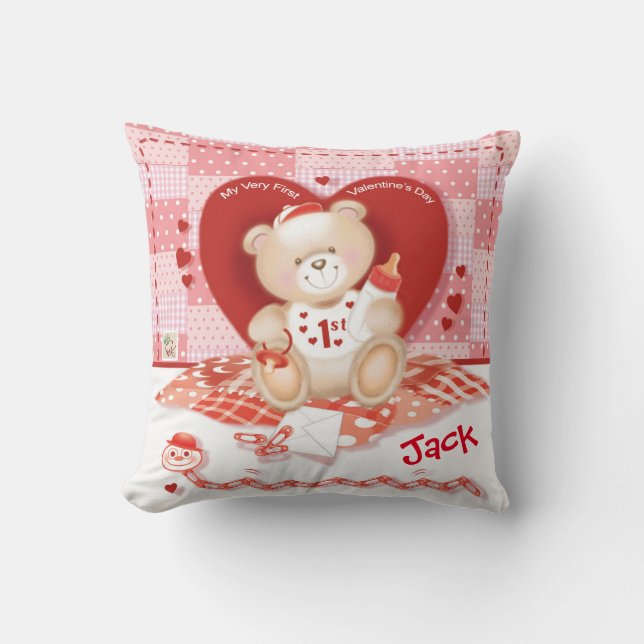 1st Valentine's Day Pillow. Baby Boy Throw Pillow (Front)