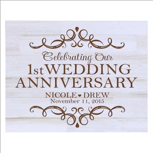 1st Wedding Anniversary 8" x 10" White Wood Plaque (Front)