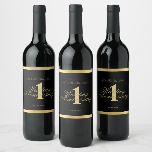 1st Wedding Anniversary Black and Gold Wine Label (Bottles)
