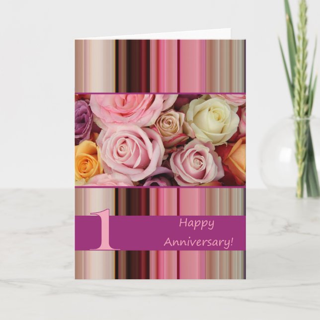 1st Wedding Anniversary Card - Pastel roses stripe (Front)