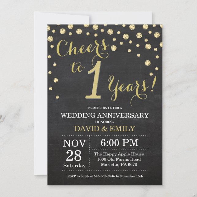 1st Wedding Anniversary Chalkboard Black and Gold Invitation (Front)