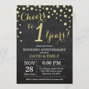 1st Wedding Anniversary Chalkboard Black and Gold Invitation