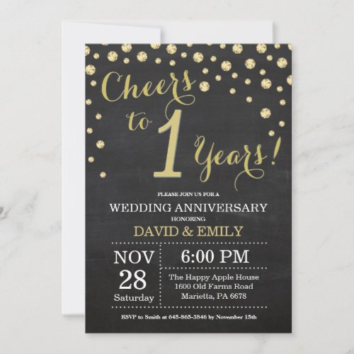 1st Wedding Anniversary Chalkboard Black and Gold Invitation