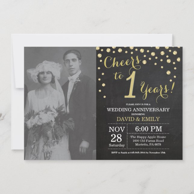 1st Wedding Anniversary Chalkboard Black and Gold Invitation (Front)