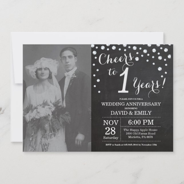 1st Wedding Anniversary Chalkboard Black Silver Invitation (Front)