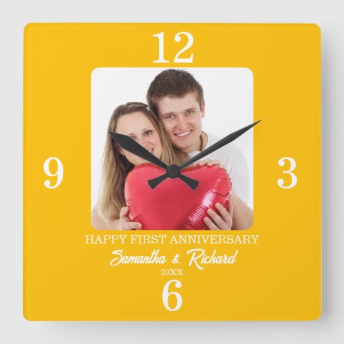 1st Wedding Anniversary Color Golden Yellow Photo Square Wall Clock