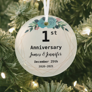 1st Wedding Anniversary Custom Names and Year Glass Ornament