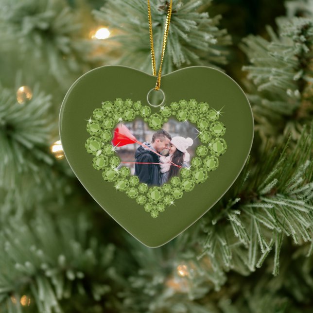  1st wedding anniversary custom photo heart green ceramic ornament (Tree)