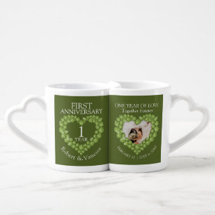 1st wedding anniversary custom photo peridot heart coffee mug set