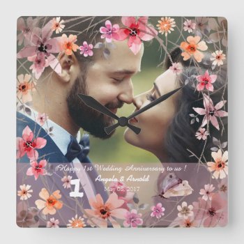 1st Wedding Anniversary Decorative Flowers Clock by Pick_Up_Me at Zazzle