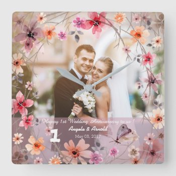 1st Wedding Anniversary Decorative Flowers Clock by Pick_Up_Me at Zazzle