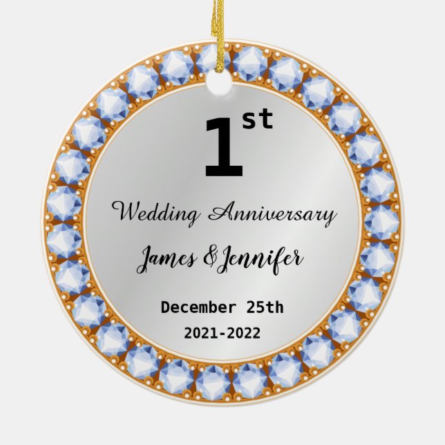 1st Wedding Anniversary diamond Custom Names Ceramic Ornament (Back)