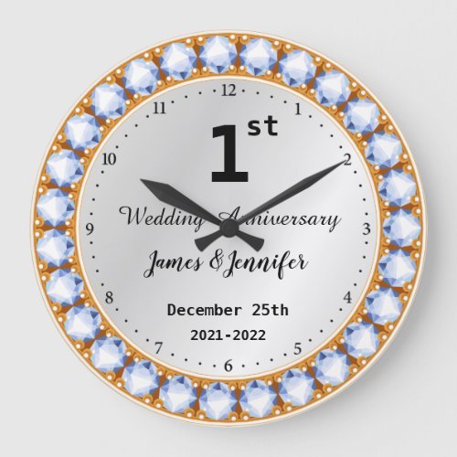 1st Wedding Anniversary diamond Custom Names Large Clock