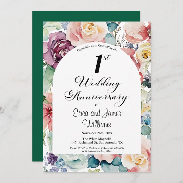 1st Wedding Anniversary Elegant Script Floral Invitation (Front/Back)