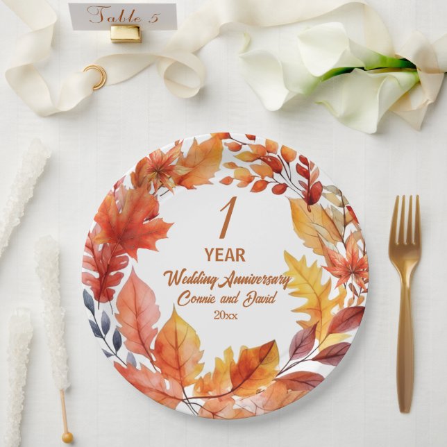 1st Wedding Anniversary Fall Floral  Paper Plates (Wedding)