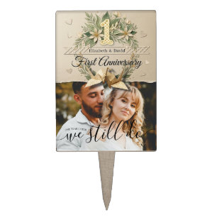 1st Wedding Anniversary Floral Couple Cranes Photo Cake Topper