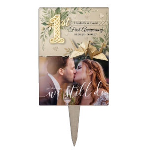 1st Wedding Anniversary Floral Couple Cranes Photo Cake Topper