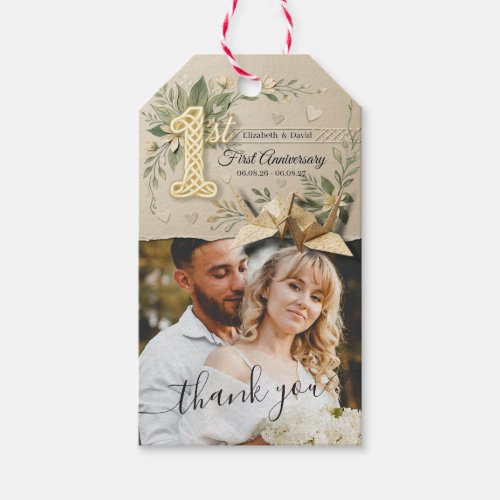 1st Wedding Anniversary Floral Couple Cranes Photo Gift Tags