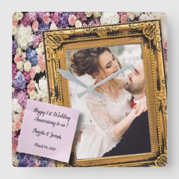 1st Wedding Anniversary Floral Old Wooden Frame Square Wall Clock by Pick_Up_Me at Zazzle