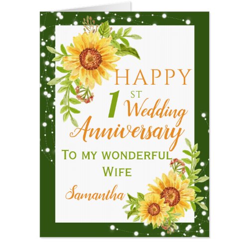 1st Wedding Anniversary Floral Sunflower Wife Big Card