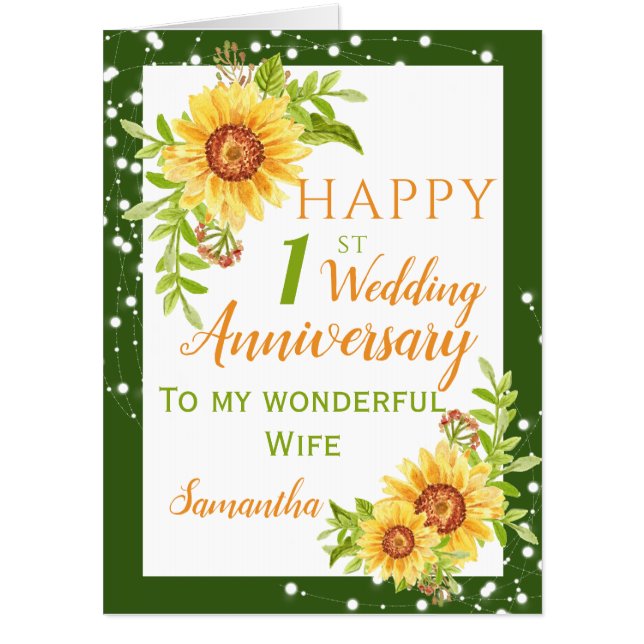 1st Wedding Anniversary Floral Sunflower Wife Big Card (Front)