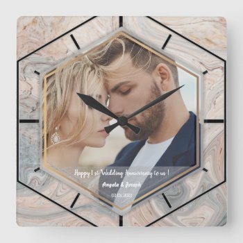 1st Wedding Anniversary Fluid Marble Textured Square Wall Clock by Pick_Up_Me at Zazzle