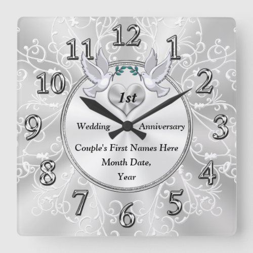 1st Wedding Anniversary Gift Personalized Square Wall Clock