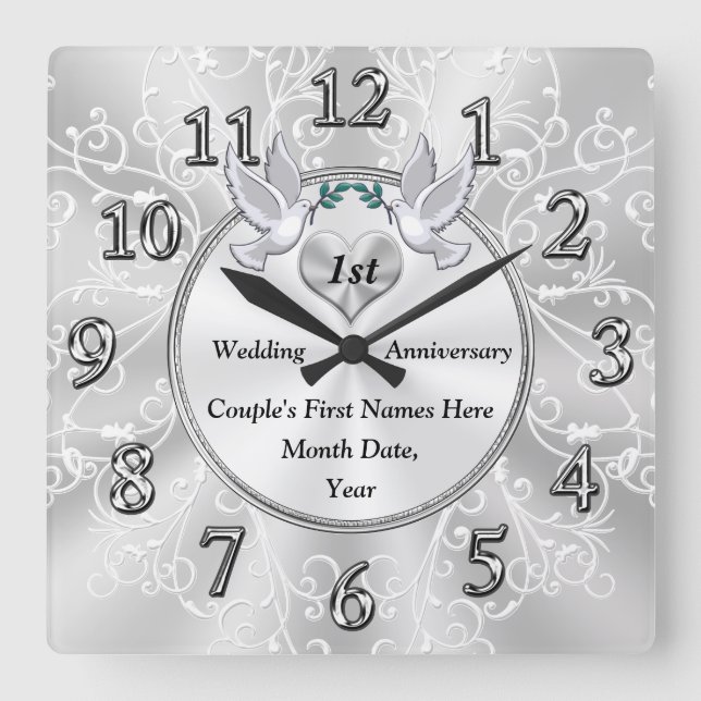 1st Wedding Anniversary Gift, Personalized Square Wall Clock (Front)