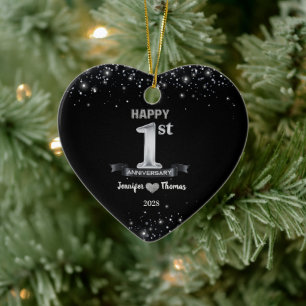 1st Wedding Anniversary Glitter Silver Custom Ceramic Ornament