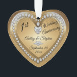 1st Wedding Anniversary Gold Diamonds Keepsake Ornament<br><div class="desc">Elegant faux (printed) gold and diamonds 1st Wedding Anniversary keepsake photo ornament design by Holiday Hearts Designs (rights reserved). Template fields are provided for you to personalize with your names, anniversary and date. Font styles, sizes and positioning can be customized via the "Customize" button. As stated above, all effects (diamonds...</div>