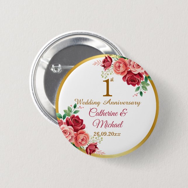 1st Wedding Anniversary Gold Frame Floral Button (Front & Back)