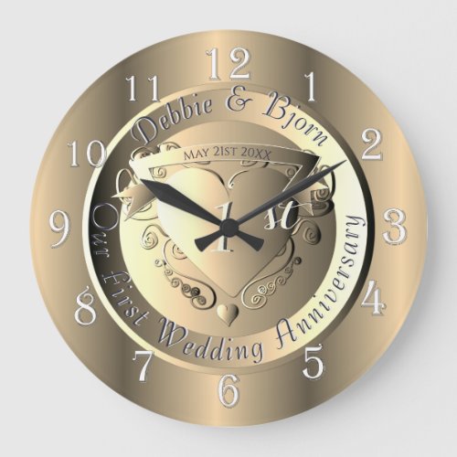 1st Wedding Anniversary Golden Medallion Large Clock