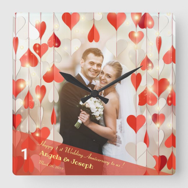 1st Wedding Anniversary Hearts Curtain Wall Clock (Front)