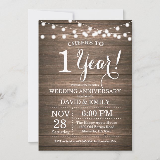 1st Wedding Anniversary Invitation Rustic Wood (Front)