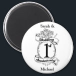 1st Wedding Anniversary Magnet<br><div class="desc">A keepsake to mark your first wedding anniversary. The shield like design in black and white,  with roses and romantic vines. A great way to mark your 1st year of marriage,  you paper anniversary.</div>