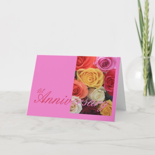 1st Wedding Anniversary mixed rose bouquet Card