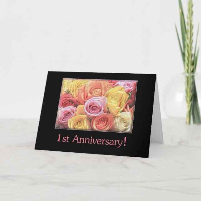 1st Wedding Anniversary mixed rose bouquet Card (Front)