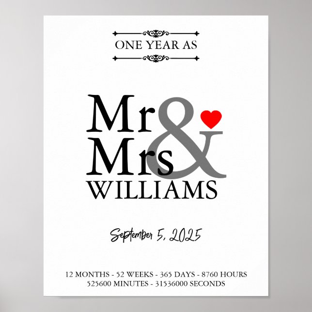 1st wedding anniversary Modern print with dates (Front)