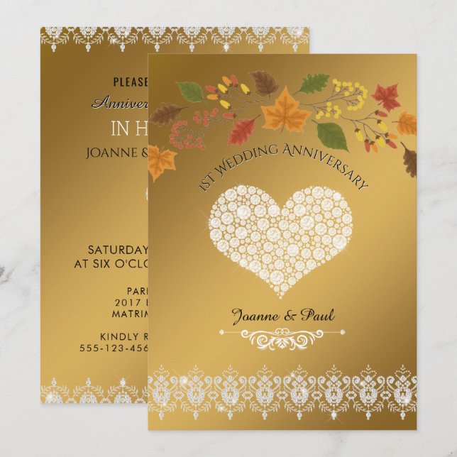 1st Wedding Anniversary Party Gold Fall Leaves Invitation (Front/Back)