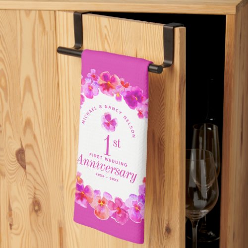 1st wedding anniversary party pink pansy flower  kitchen towel