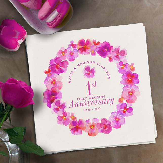1st wedding anniversary party pink pansy  napkins (Creator Uploaded)