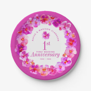 1st wedding anniversary party pink pansy paper plates