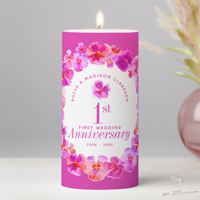 1st wedding anniversary party pink pansy pillar candle (In Situ)