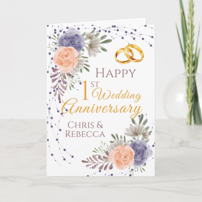 1st Wedding Anniversary Peony Rose Purple  Card (Front)