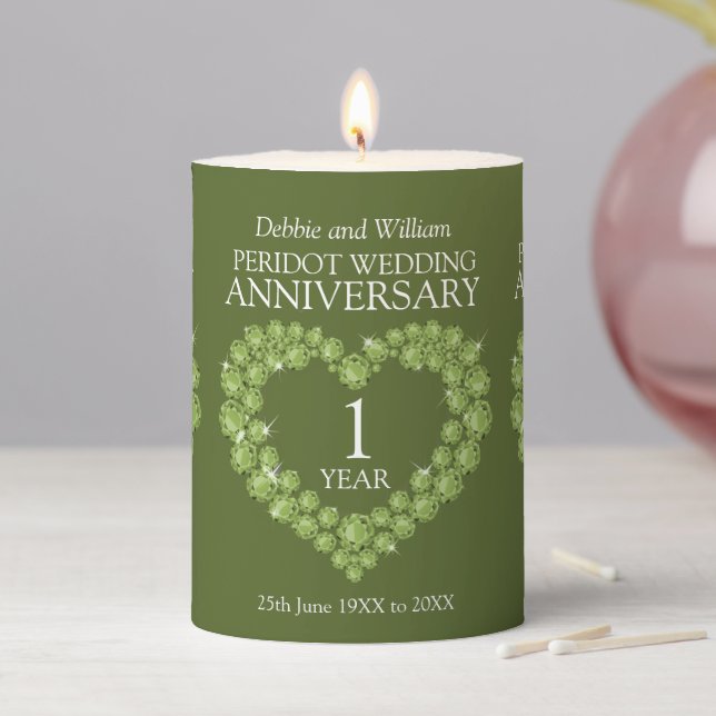 1st wedding anniversary peridot green custom name pillar candle (In Situ)