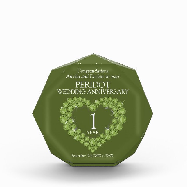1st wedding anniversary peridot green gemstones acrylic award (Front)