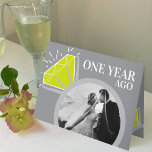 1st wedding anniversary peridot now then photo card<br><div class="desc">1st wedding anniversary now and then photo template card in gray, with peridot green and white sparkle. Featuring a graphic eternity ring with two photos of you and your partner now and then. Personalized with your own photos of your wedding day and a current photo on the inside then add...</div>