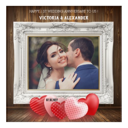 1st Wedding Anniversary Photo Frame With Hearts Acrylic Print
