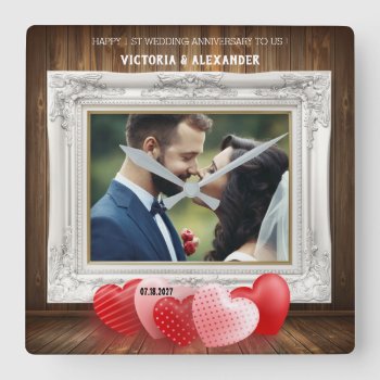 1st Wedding Anniversary Photo Frame With Hearts Square Wall Clock by Pick_Up_Me at Zazzle