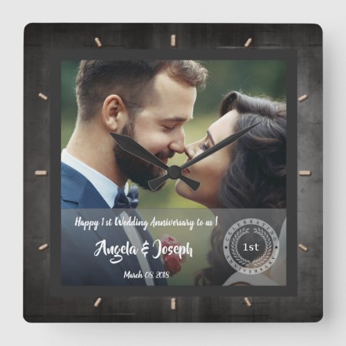 1st Wedding Anniversary Photo Wood Texture Clock